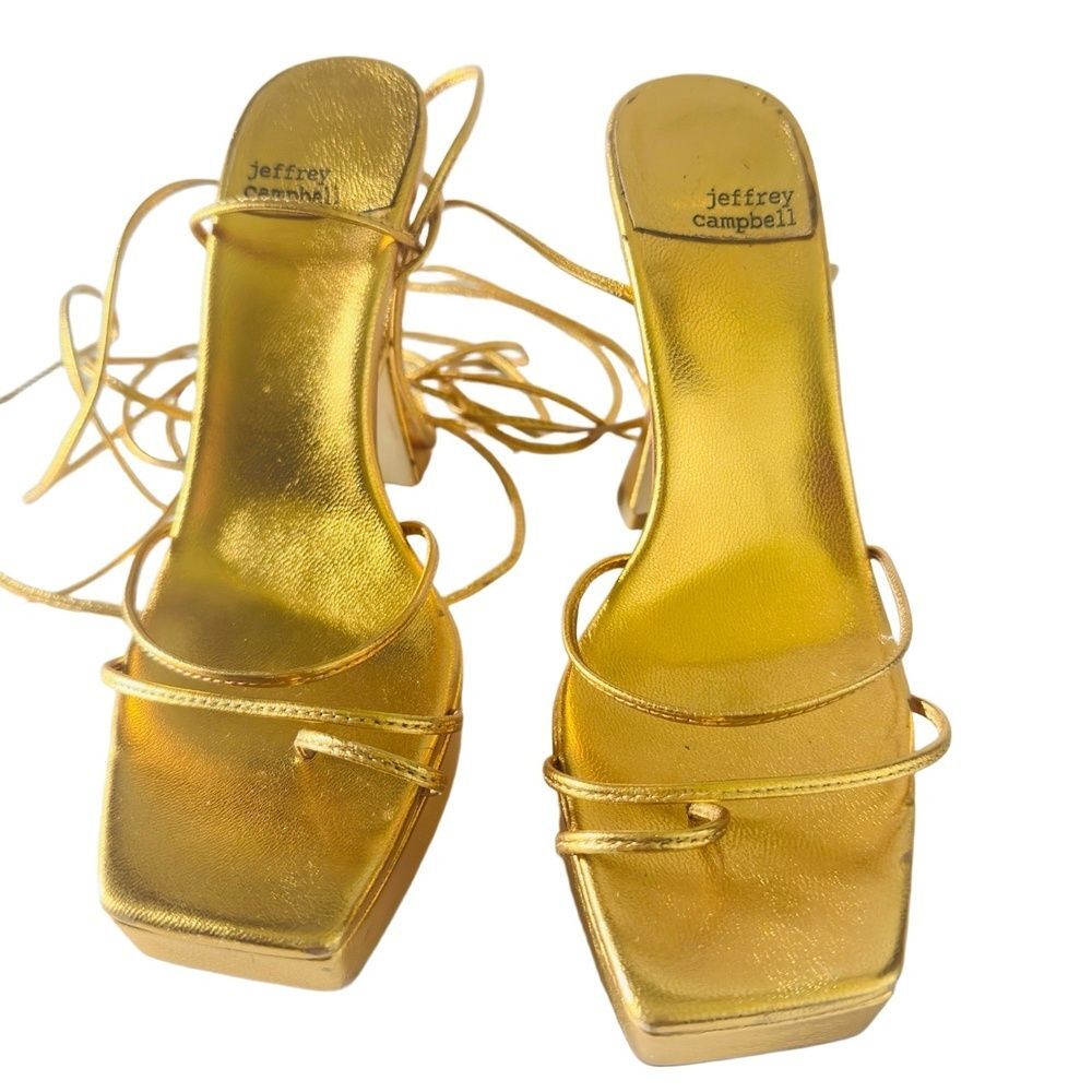 Jeffrey Campbell Platform Sandals 8 Strappy Ankle Wrap Party Y2K Gold Primadonna - Picture 3 of 10